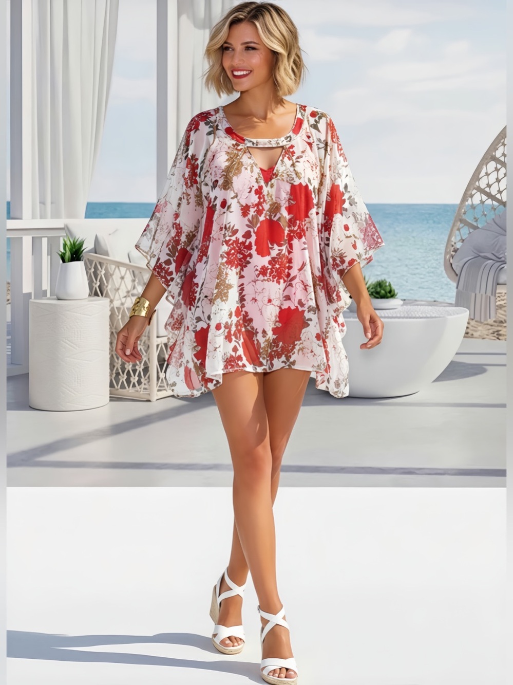 Floral Red & White Women's Sheer Cover-Up Tunic